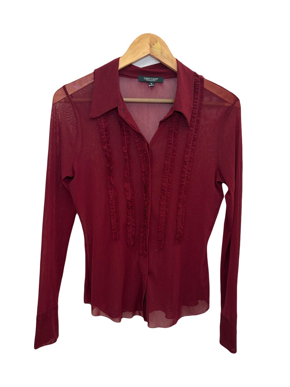 Karen Kane Vintage Y2K Sheer Mesh Ruffle Button Up Blouse Burgundy Red Sz Medium